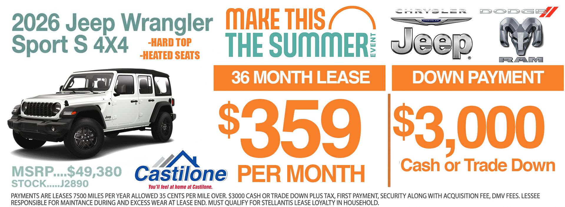 Jeep Wrangler for $359 a month on lease 